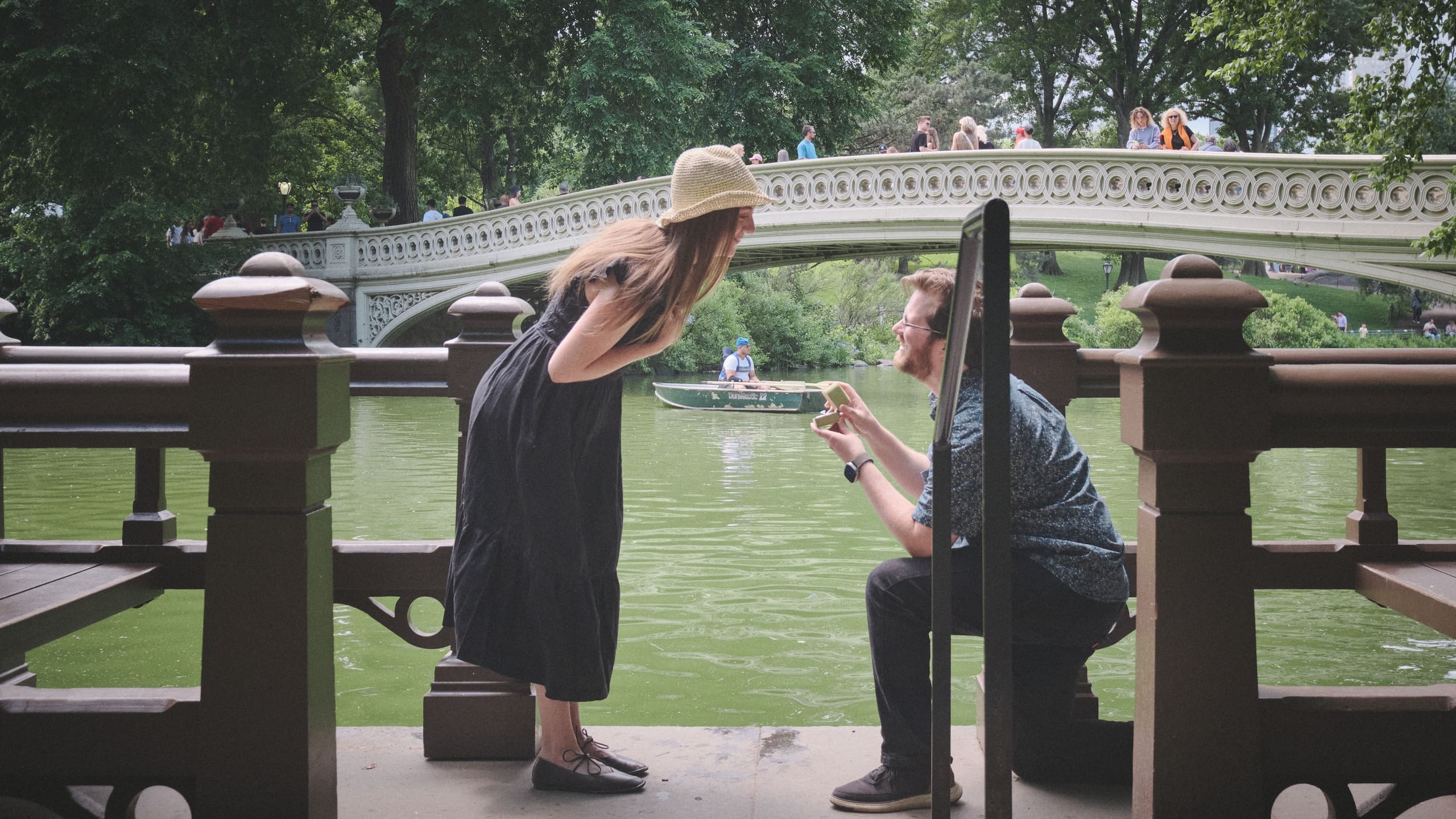 The proposal — down on one knee at Bow Bridge, Central Park
