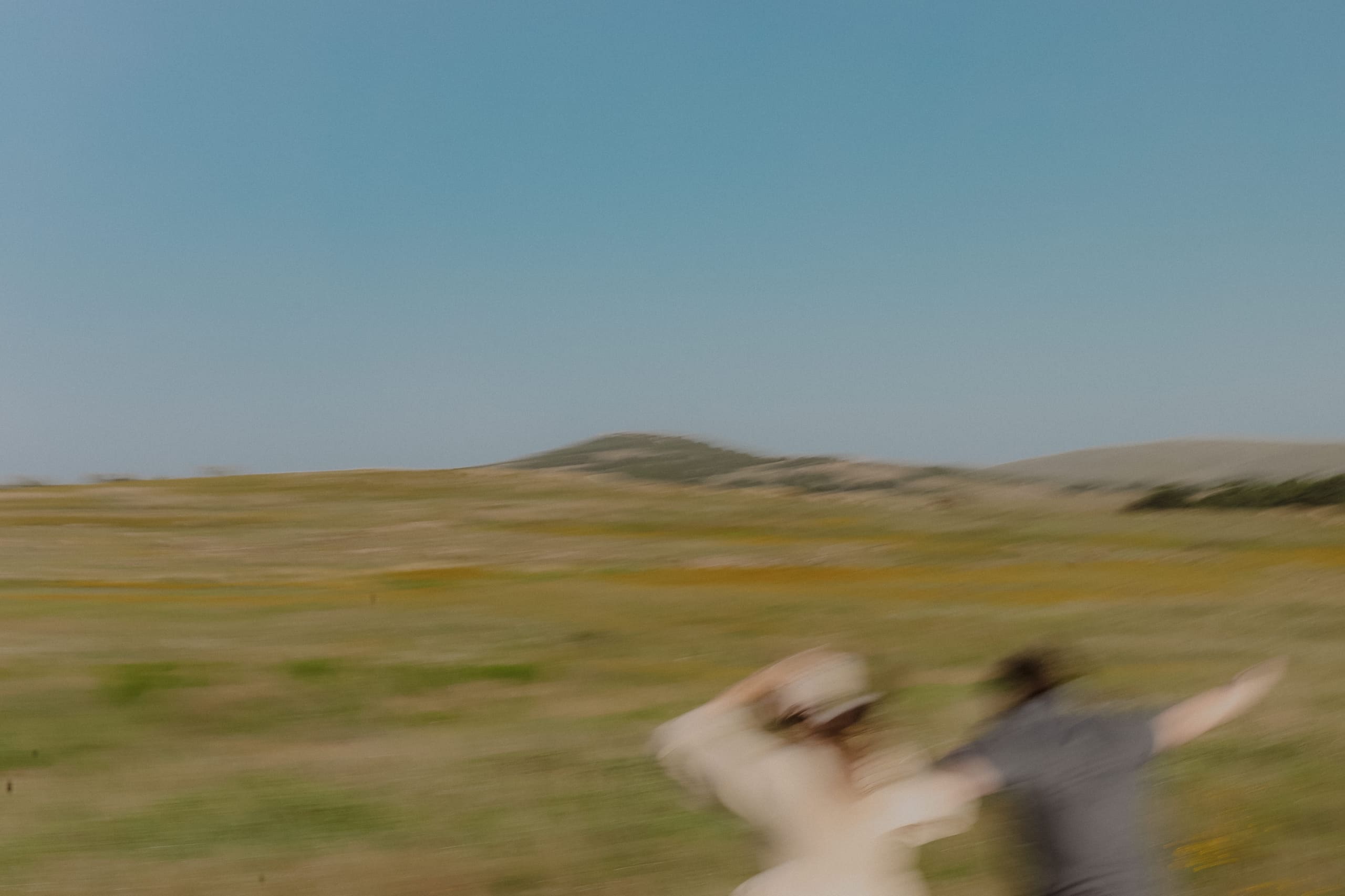 A soft blur of motion across the prairie under a clear sky