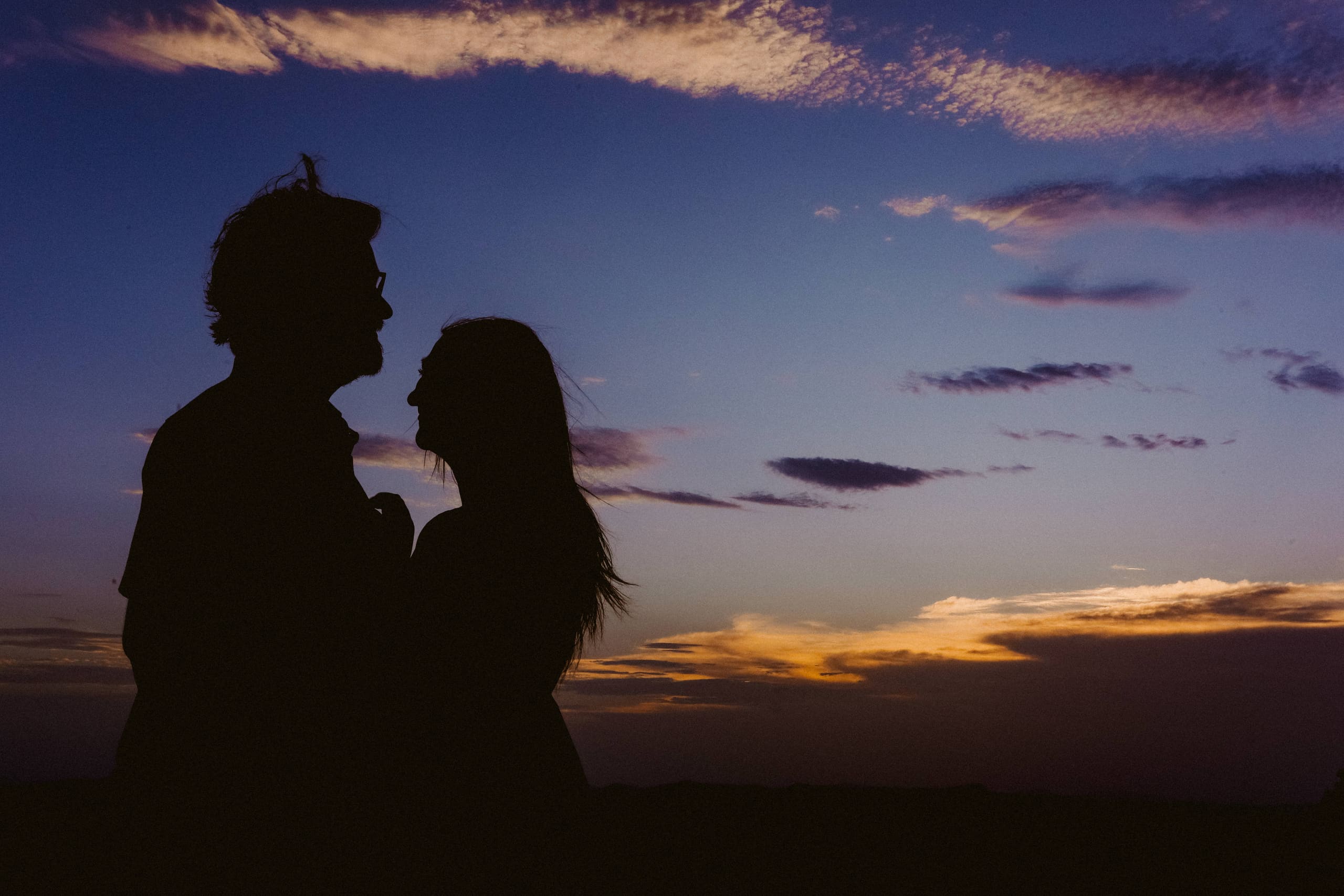 Silhouetted close together against the deepening blues and golds of twilight