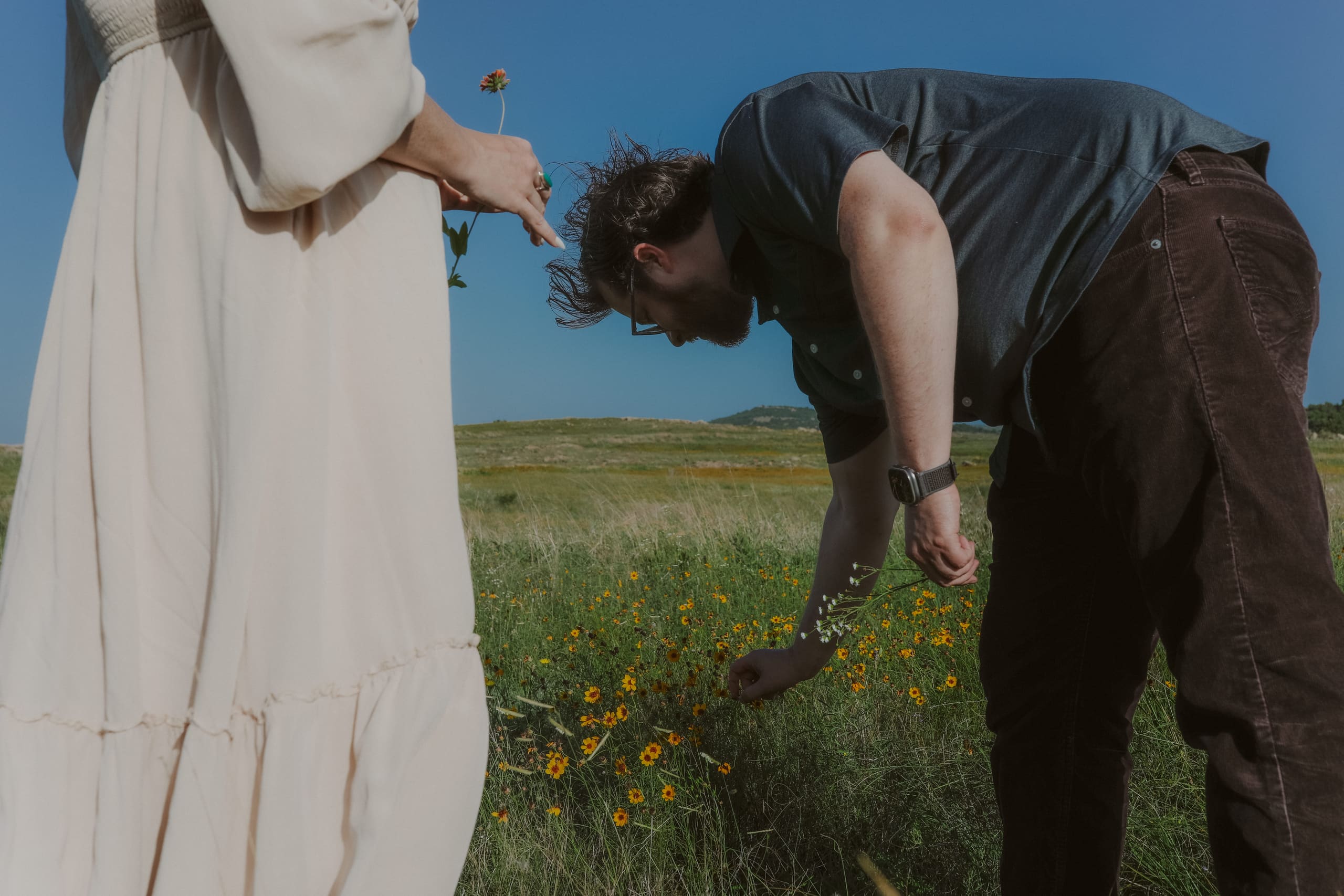 Bent low over the coreopsis, gathering wildflowers by hand