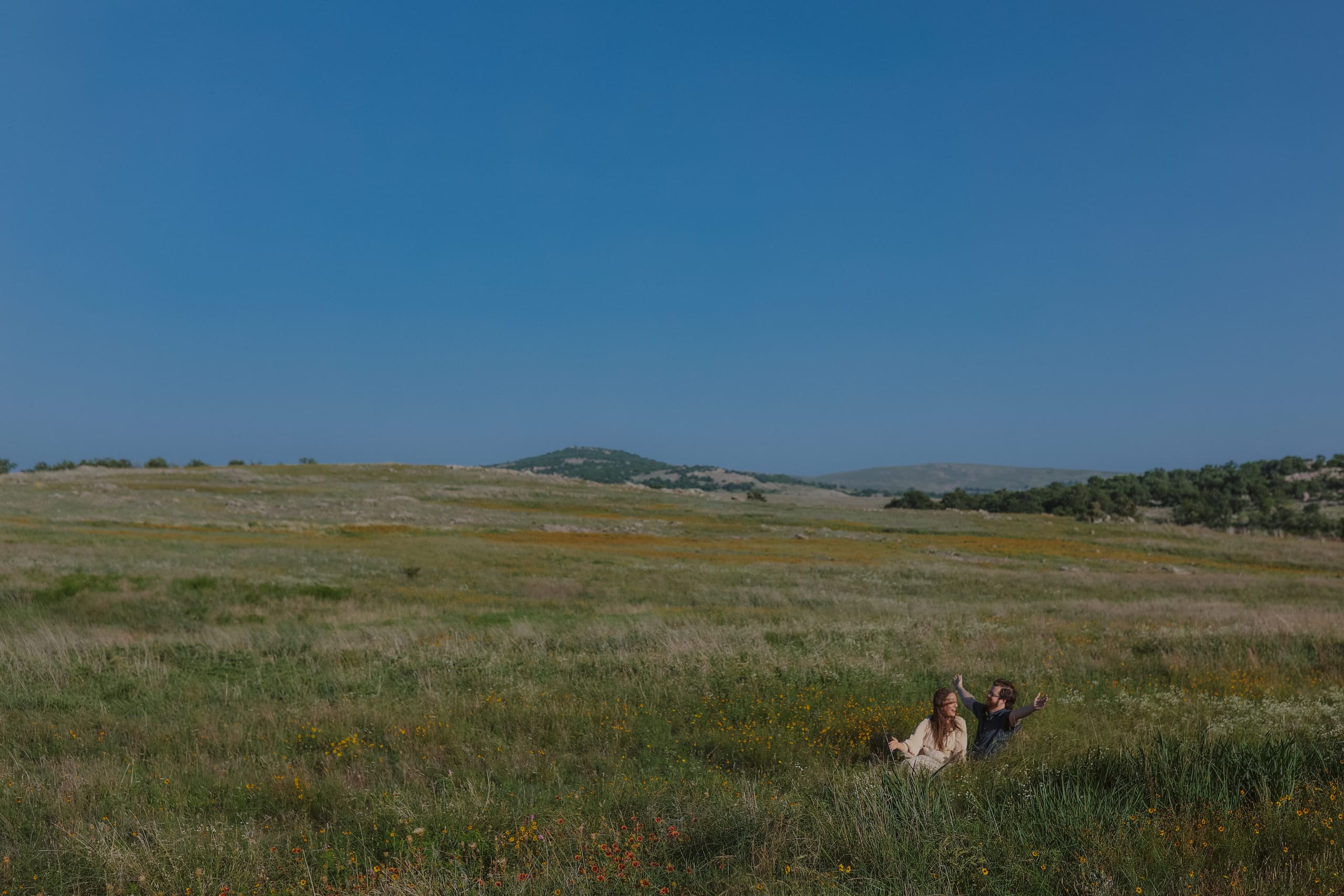 Two small figures in a vast wildflower prairie under a deep blue sky