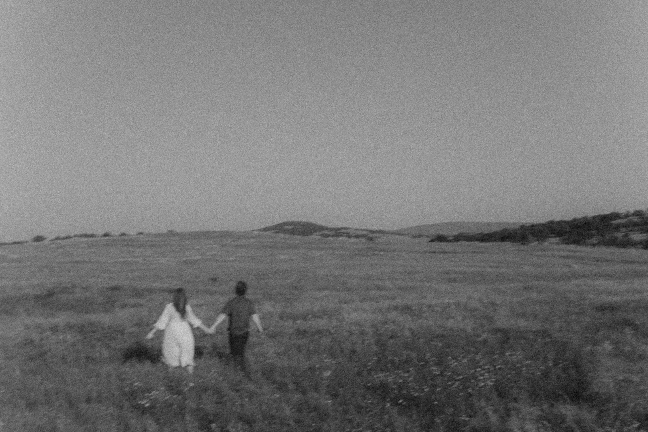 A black-and-white view of the couple walking hand in hand through a wide field