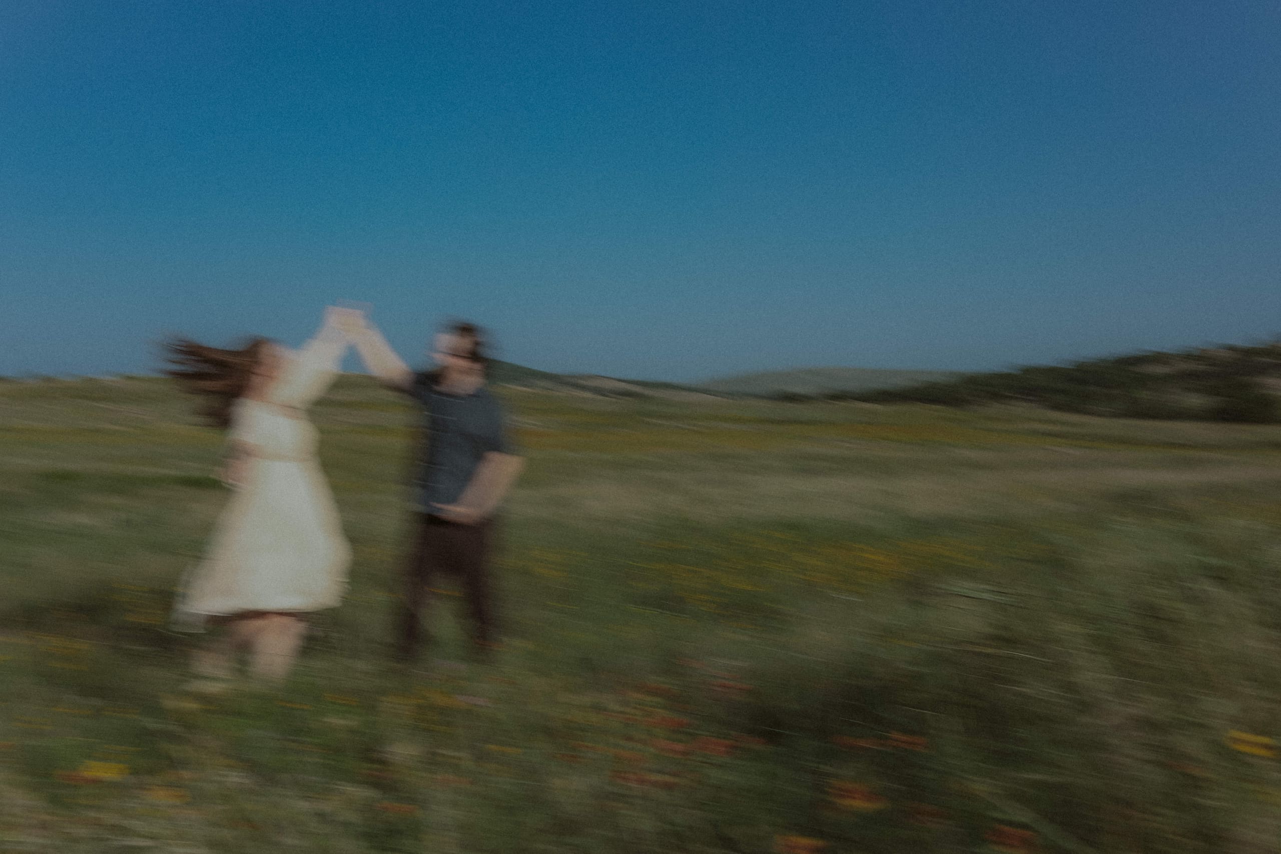 A blurred twirl in the meadow, her hair and dress catching the wind