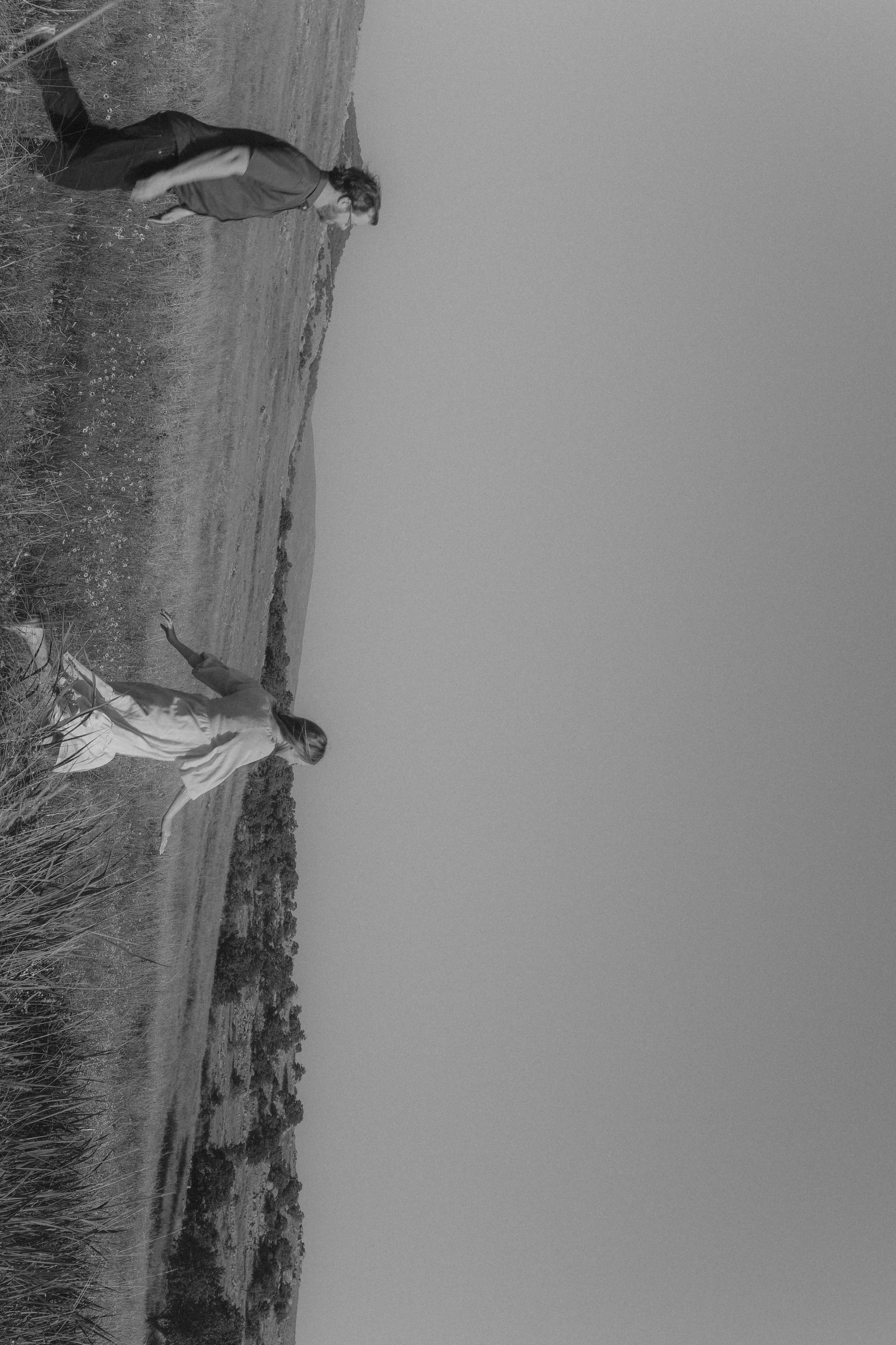 A sideways black-and-white frame of the two crossing the flowering meadow